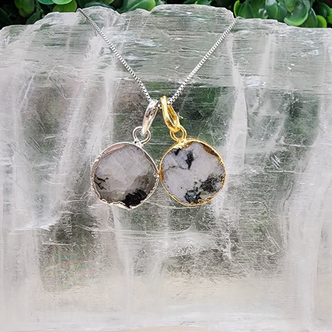 Full Moon In Rainbow Moonstone Pendant (Silver or Gold Electroplating)