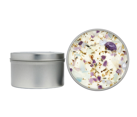 Peaceful Home 8oz  Candle Tin - Soy Candles - Dried Flower, Herb, & Crystal Candle - Energy Cleansing Candle