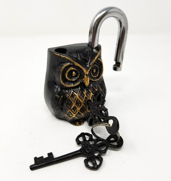 Antique Brass Owl Lock with Keys